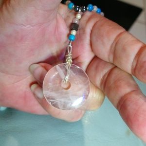 99.9 CHOKER/ ROSE QUARTZ DISK/TURQUOISE/M.O.P. & HEMATITE NECKLACE. (RTHEM040)